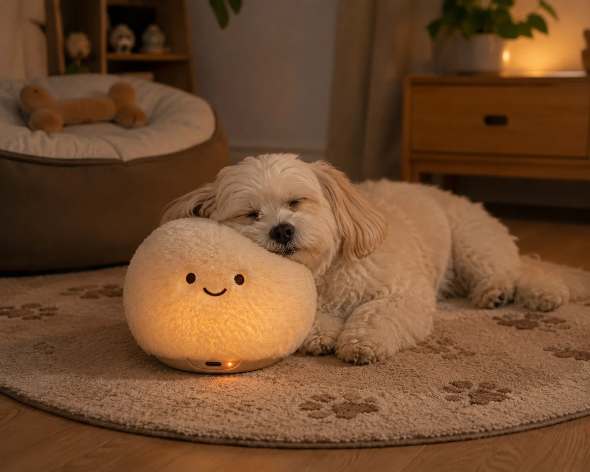 Petzova Calm Companion cream plush sphere with embroidered face