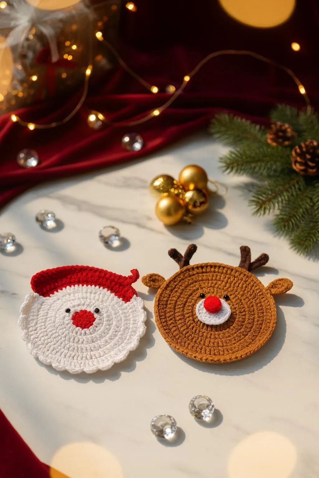 Christmas Crochet Santa & Reindeer Coasters Pattern • Christmas Ornament