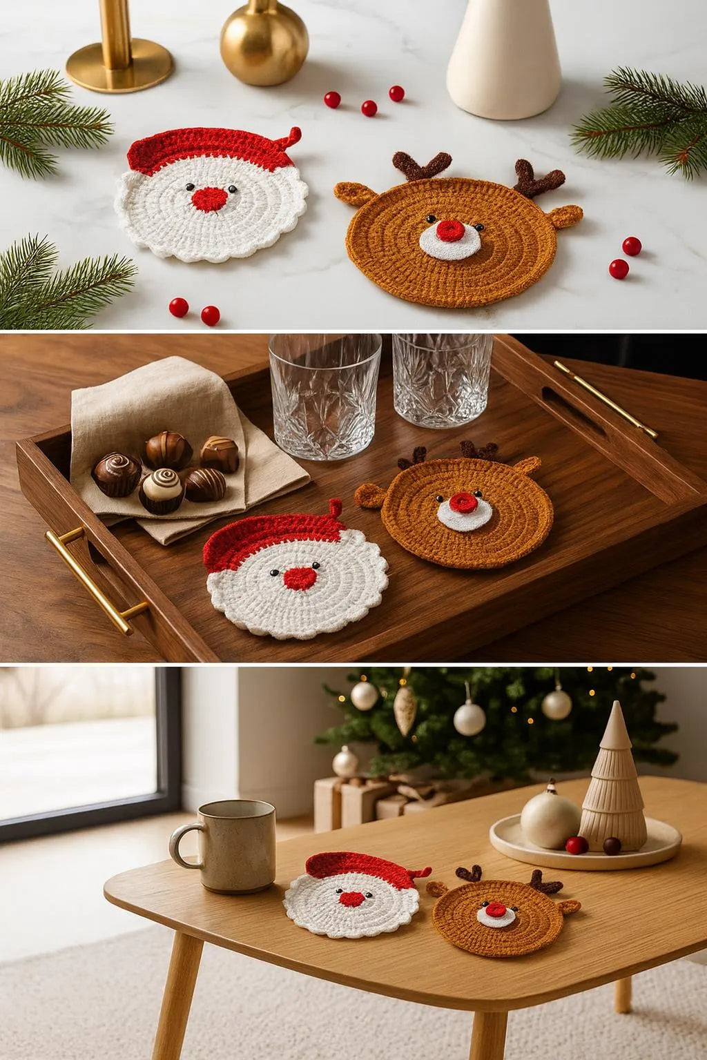 Christmas Crochet Santa & Reindeer Coasters Pattern • Christmas Ornament