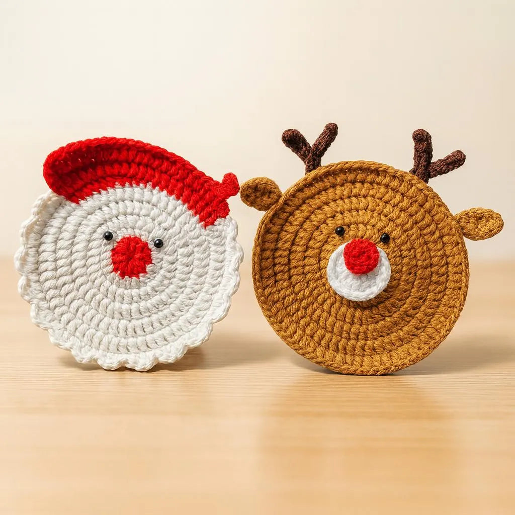 Christmas Crochet Santa & Reindeer Coasters Pattern • Christmas Ornament
