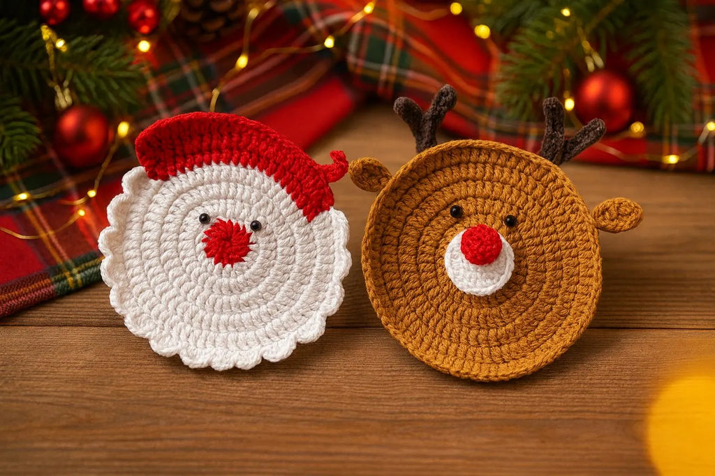 Christmas Crochet Santa & Reindeer Coasters Pattern • Christmas Ornament