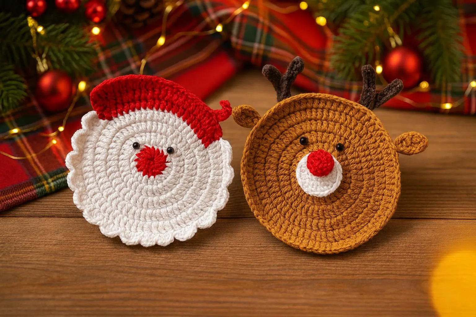 Christmas Crochet Santa & Reindeer Coasters Pattern • Christmas Ornament
